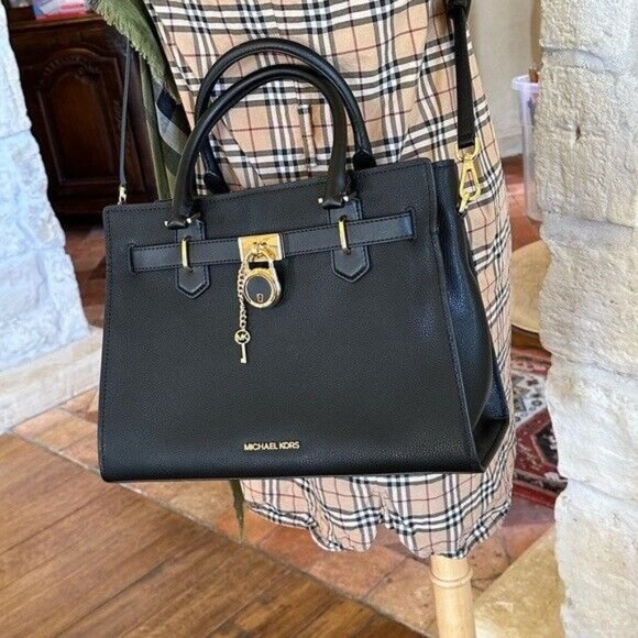 MICHAEL KORS Hamilton Medium Satchel Leather Bag Black gold +wallet set NWT - Picture 4 of 15